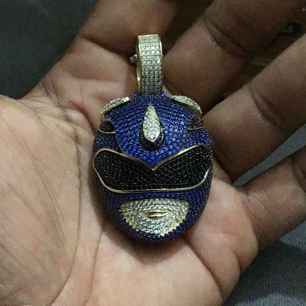 Power ranger pendant 3D blue stones iced out
